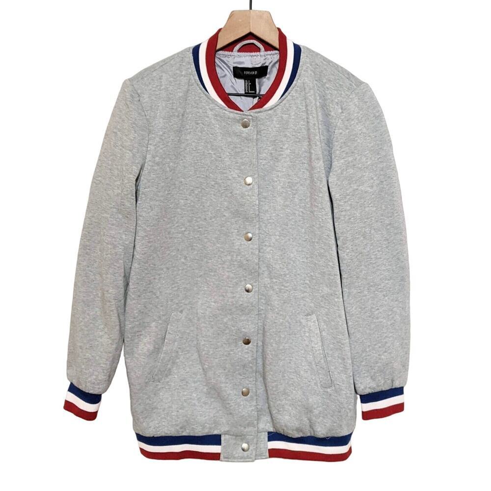 Forever 21 Varsity Jacket Womens S Gray Longline Stripe Hem Cuff Snap Button NWT